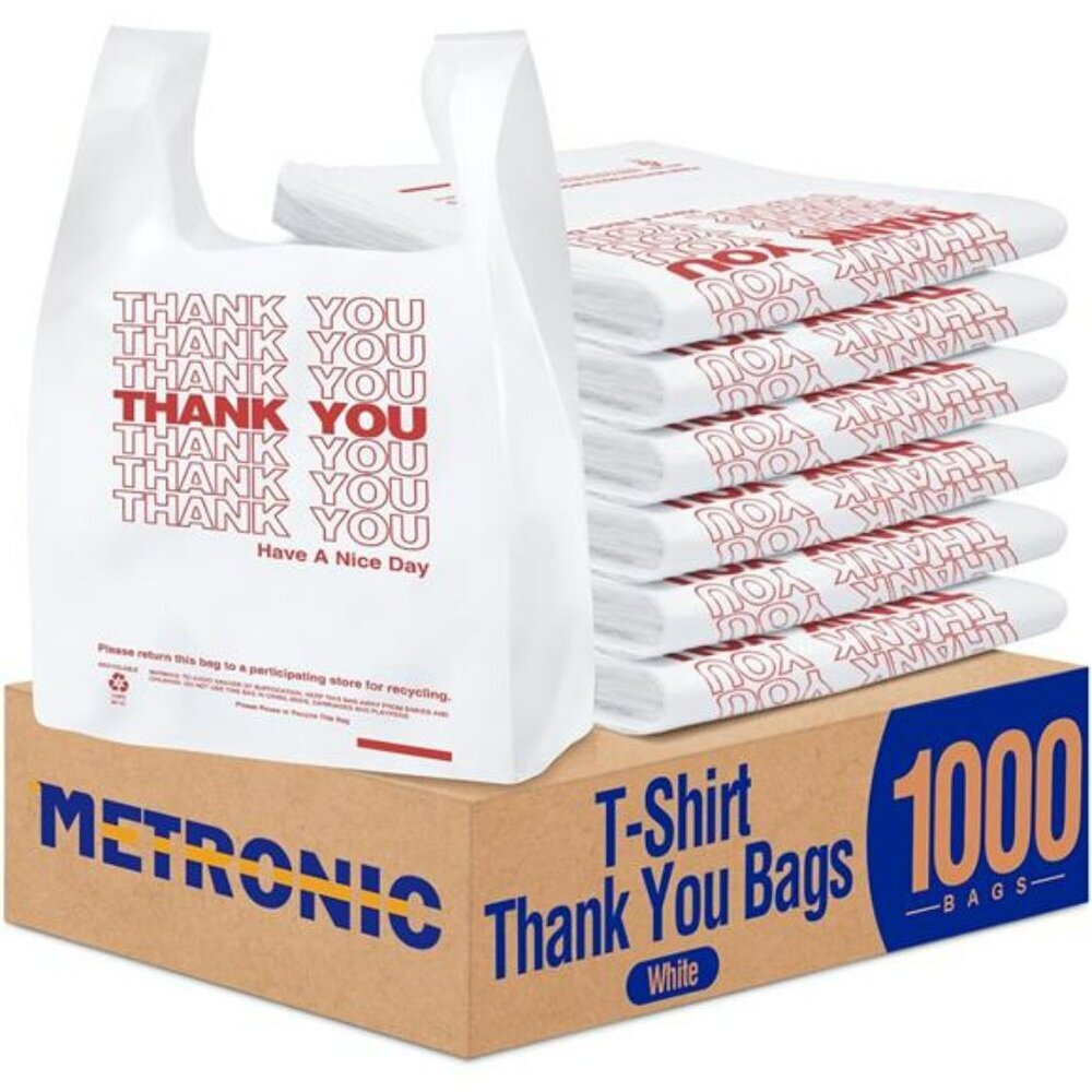 1000 count white thank you plastic bags with handles retail grocery shopping bul
